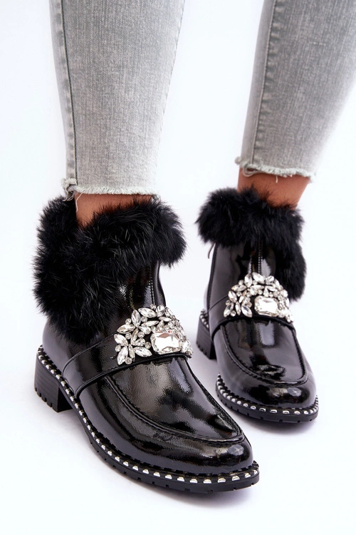 Lakierowane Botki Z Ozdobą I Futerkiem S.Barski MR870-73 Czarne