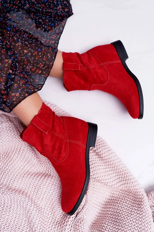 Botki Damskie Na Koturnie Płaski Obcas Ocieplane Za Kostkę Czerwone Demini