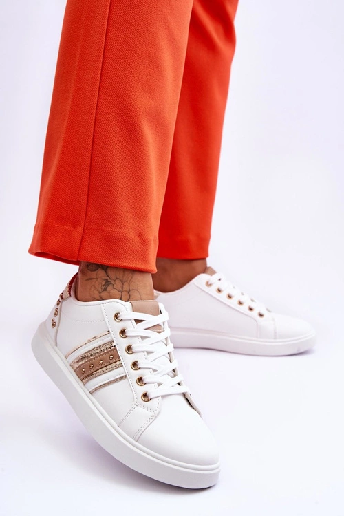 Damskie Skórzane Sneakersy Z Ćwiekami Biało-Złote Dory