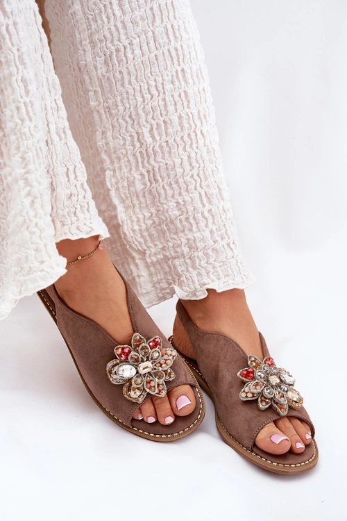 Sandały Damskie Na Płaskim Obcasie Z Ozdobą S.Barski KV27-001 Ciemnobeżowe