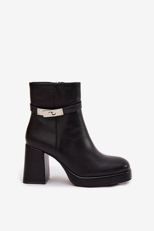 Ocieplane Botki Damskie Na Słupku Z Ozdobnym Paskiem Czarne Giordina