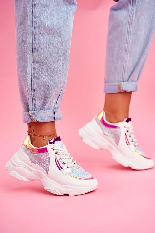 Sportowe Damskie Buty Brokatowe Białe Vebi