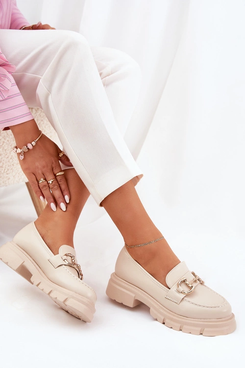 Mokasyny Damskie Eko Skórzane Ze Złotym Detalem Beżowe Ravalissea