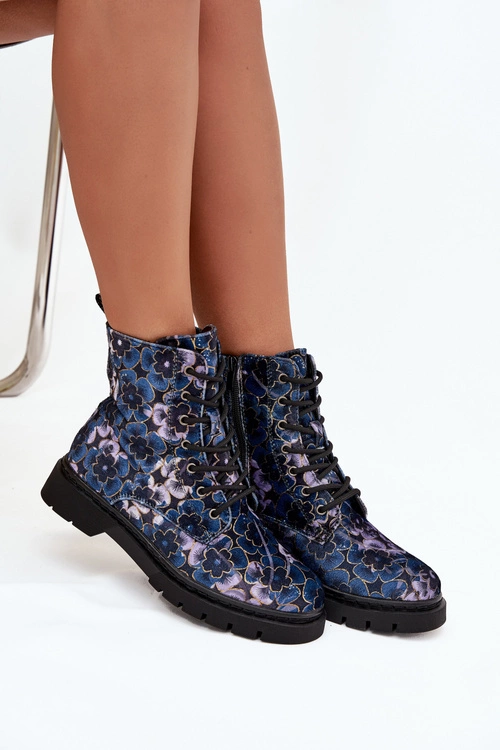 Botki Damskie Ocieplane W Kwiaty Artiker 57C1052 Granatowe
