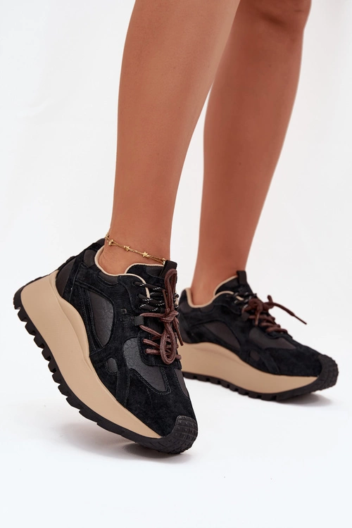 Skórzane Sneakersy Na Platformie Damskie Big Star SS274628 HI-POLY SYSTEM Czarne