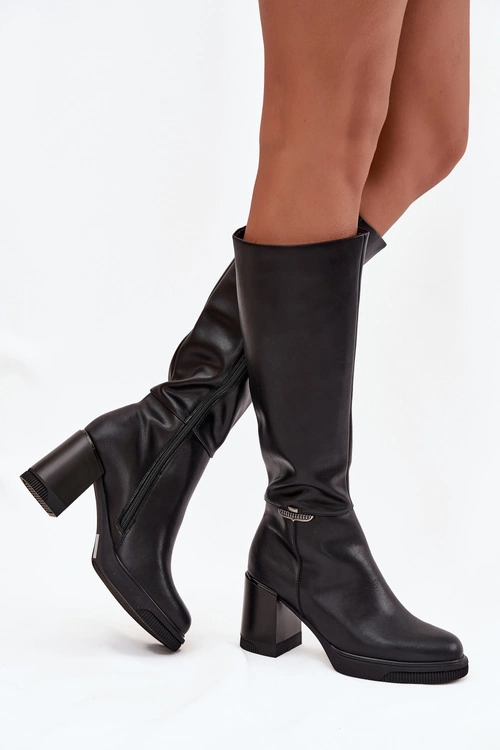 Kozaki Muszkieterki Damskie Z Naturalnej Skóry Na Słupku Ocieplane Vinceza 66826 Czarne