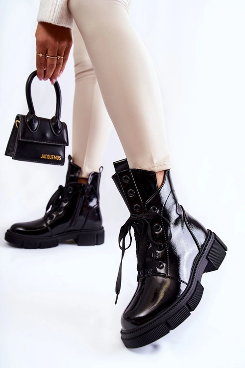 Damskie Lakierowane Ocieplane Botki Workery Czarne Efemia