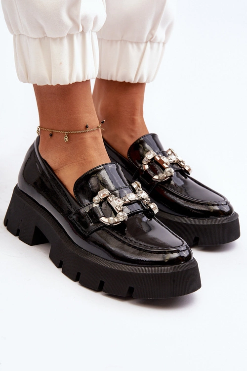 Damskie Lakierowane Mokasyny Z Ozdobą Czarne Arsaba