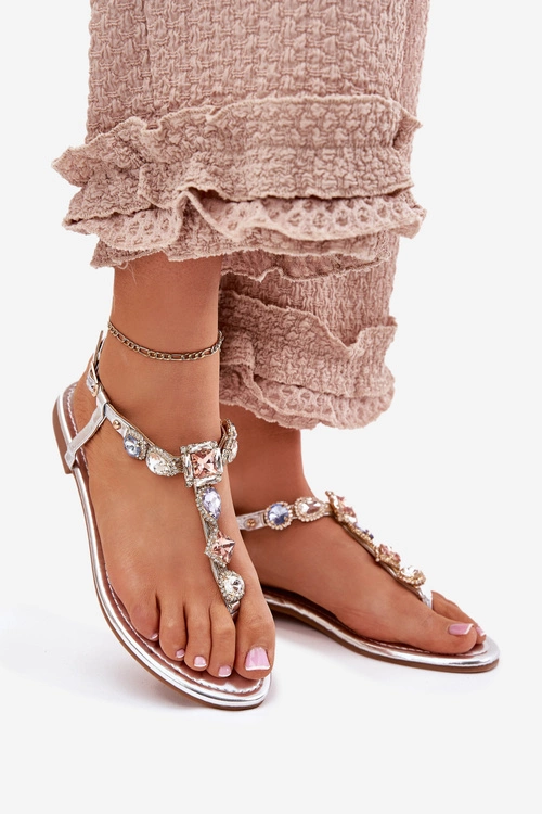 Sandały Damskie Na Płaskim Obcasie Z Kryształkami Srebrne Fiolalia