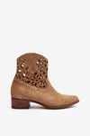Zazoo 3404 Ażurowe Botki Kowbojki Na Niskim Obcasie Zamszowe Beżowe