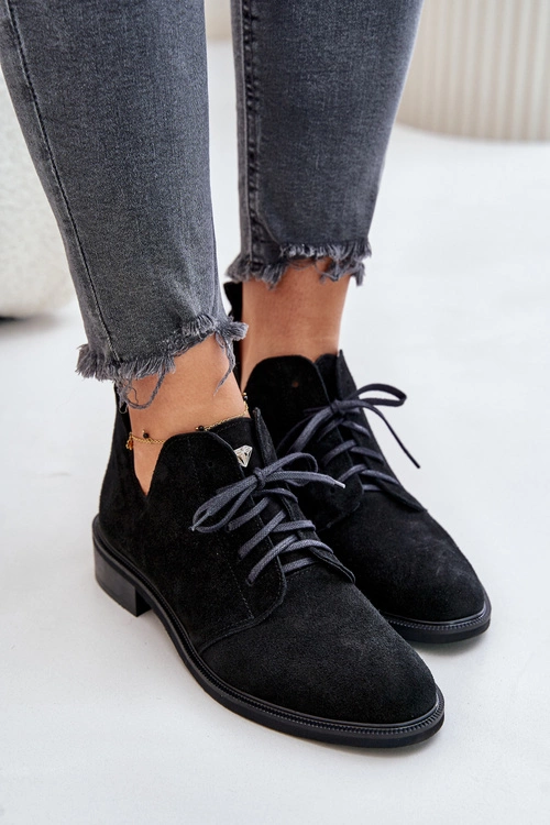 Zazoo 2959 Zamszowe Półbuty Oksfordki Sznurowane Na Płaskim Obcasie Czarne