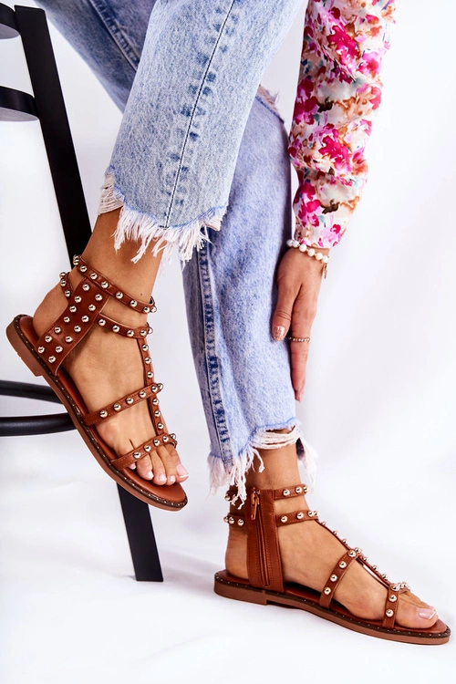 Damskie Sandały Na Suwak Z Ćwiekami Brązowe Cavos