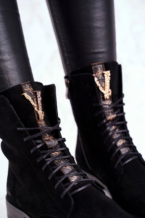 Botki Damskie Skórzane Nubuk Czarne Nicole 2593