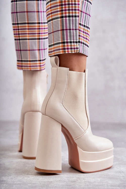 Damskie Skórzane Botki Na Masywnym Obcasie Beżowe Jones