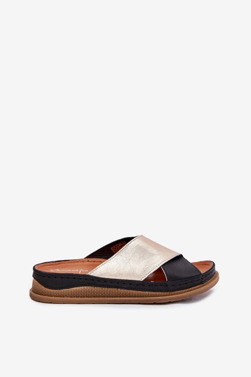 Skórzane Klapki Damskie Na Platformie Maciejka L4986-25 Złoto-Czarne