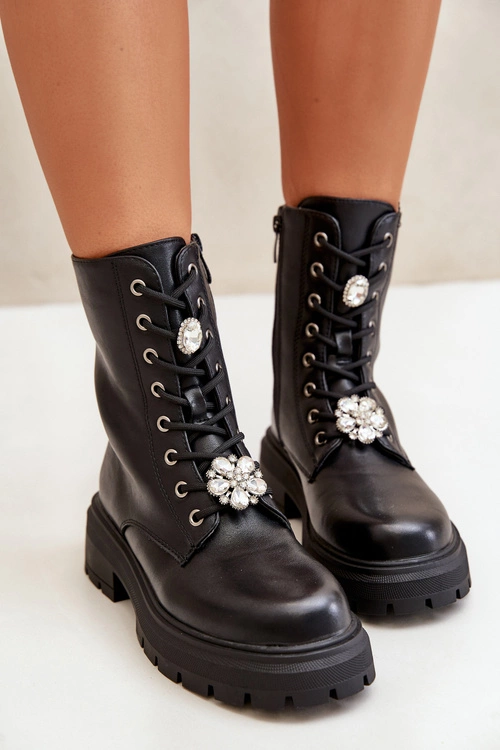 Botki Workery Damskie Eko Skórzane Z Przypinkami Czarne Kristines