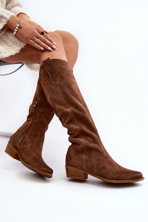 Zazoo 3427 Damskie Zamszowe Kozaki Kowbojki Brązowe