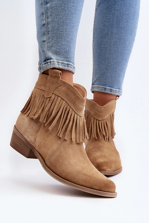 Zazoo 3430 Zamszowe Botki Damskie Z Frędzlami Beżowe