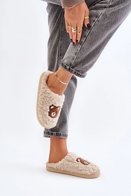 Kapcie Damskie Z Futerkiem Typu Baranek I Misiem Beżowe Temiena