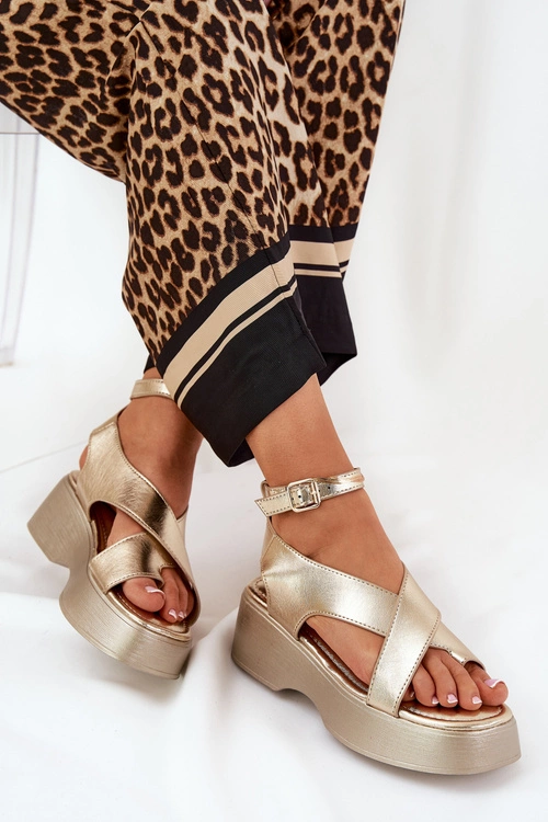 Sandały Damskie Na Platformie I Koturnie Eko Skórzane Złote Tenzorus