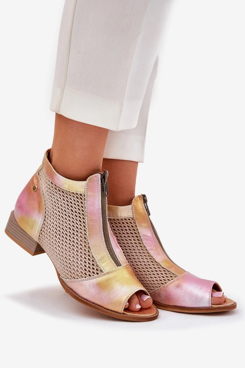 Skórzane Botki Damskie Na Płaskim Obcasie Z Odkrytymi Palcami Maciejka 06413-15 Różowo-Pomarańczowe