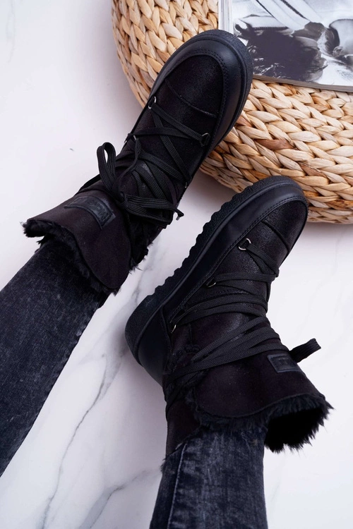 Damskie Botki Śniegowce Ocieplane Futerkiem Czarne Fereni