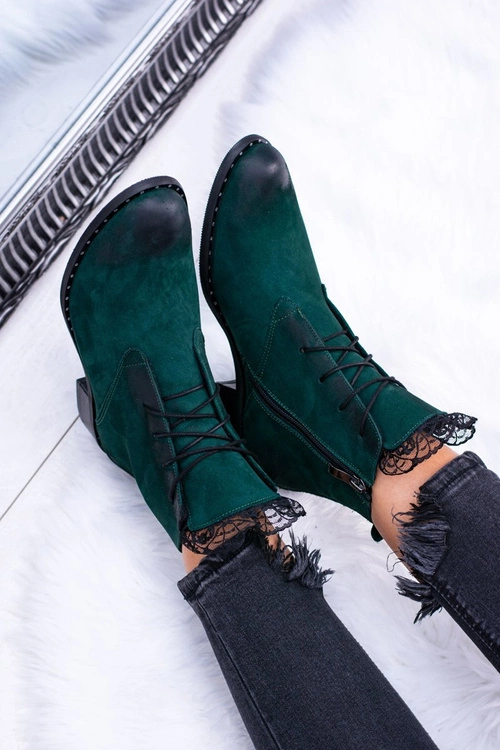 Skórzane Zielone Damskie Botki Z Koronką Millano