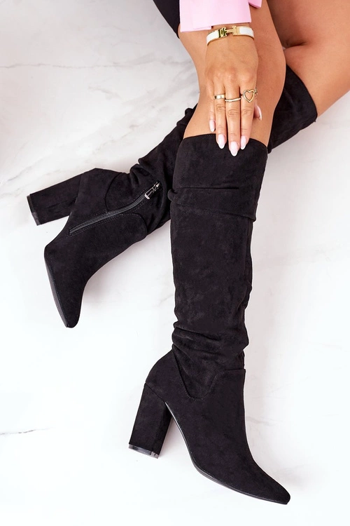 Zamszowe Kozaki W Szpic Czarne Impressing