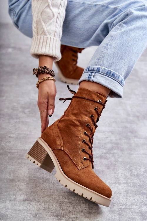 Damskie Ocieplane Botki Trapery Na Obcasie Camel Julieta