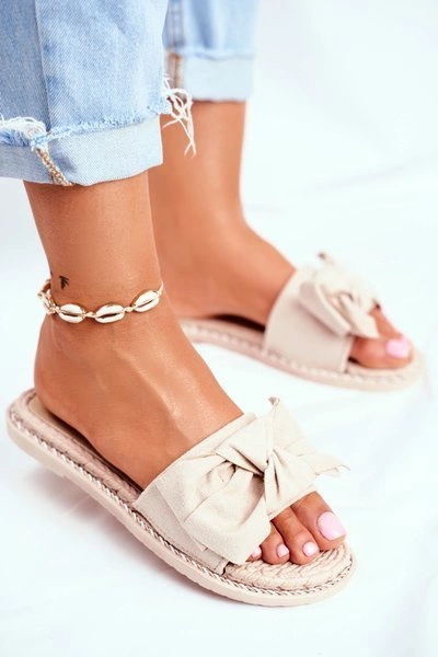 Klapki Damskie Z Kokardką Beżowe Happiness