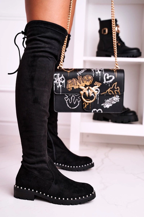 Kozaki Za Kolano Z Perełkami Zamszowe Czarne Isabel