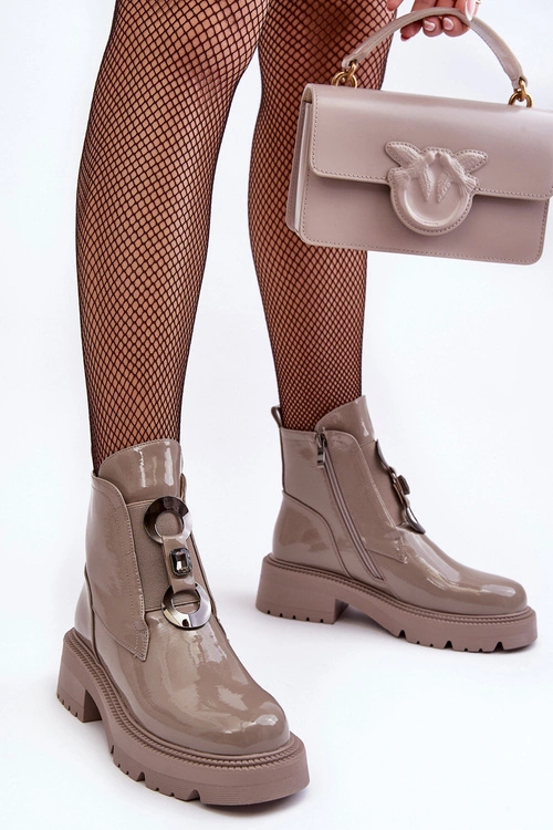 Lakierowane Botki Damskie Z Ozdobą Beżowe S.Barski MR870-53