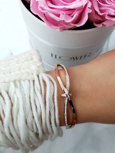 Damska Bransoleta Stalowa Cyrkonie Różowe Złoto Seri