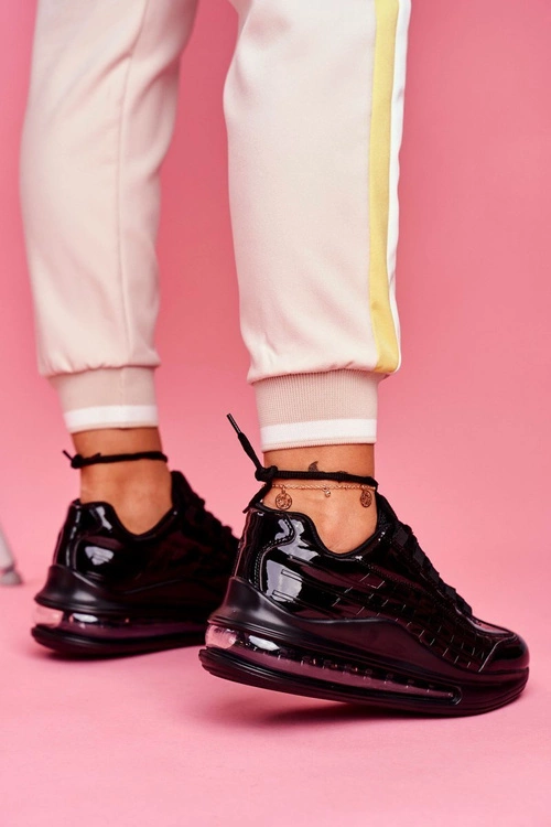 Sportowe Damskie Buty Sneakersy Lakierowane Czarne Meff