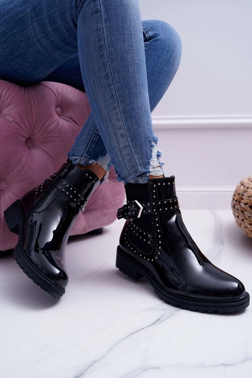 Botki Damskie Płaski Obcas Ciepłe Lakierowane Czarne Verre