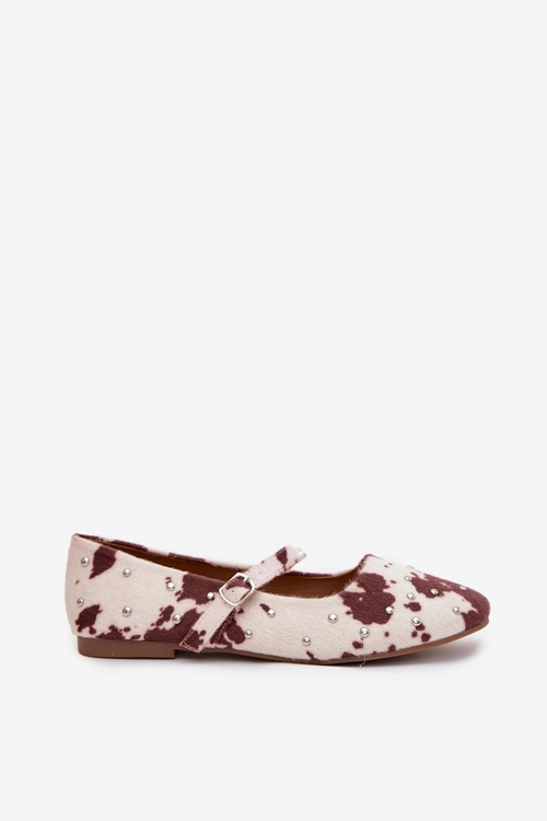 Zdobione Baleriny Damskie Z Paskiem W Łaty Biało-Brązowe Olivisse