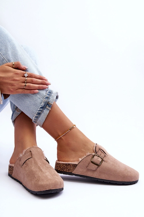 Zamszowe Klapki Damskie Z Futerkiem Beżowe Haidamia