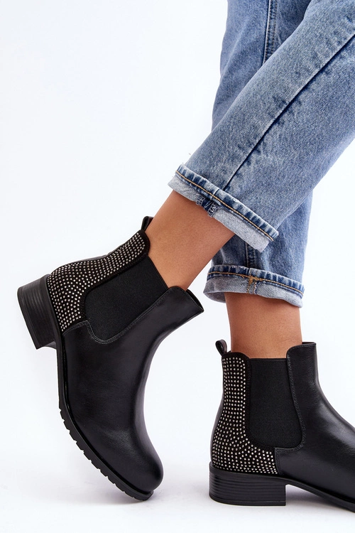 Niskie Damskie Botki Sztyblety Ze Zdobieniem Czarne Donname