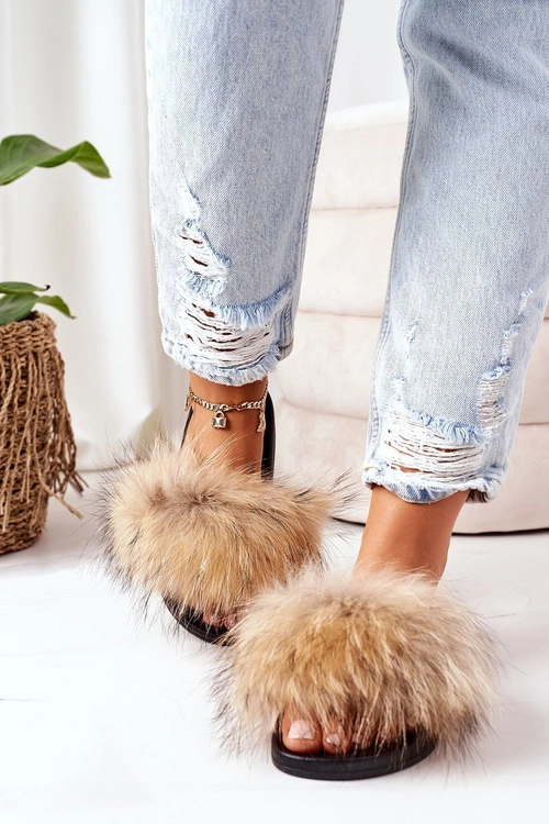 Klapki z Naturalnym Futerkiem Beżowe Elsa