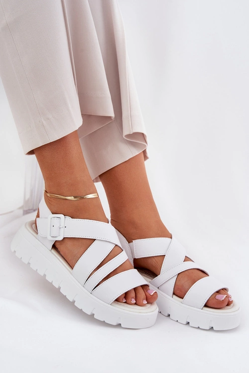 Skórzane Sandały Damskie Na Platformie Z Klamrą Białe Selianae