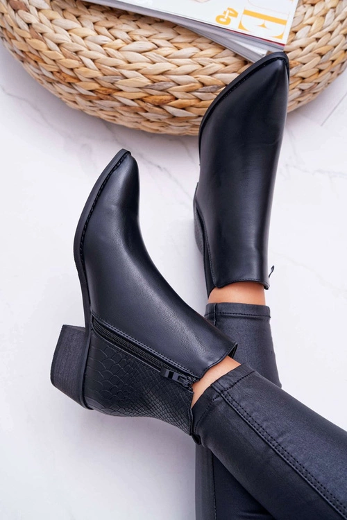 Botki Damskie Płaski Obcas W Szpic Suwak Czarne Derme
