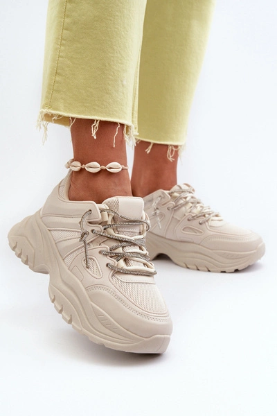 Sneakersy Damskie Na Masywnej Podeszwie Z Ozdobnym Sznurowaniem Beżowe Relissa