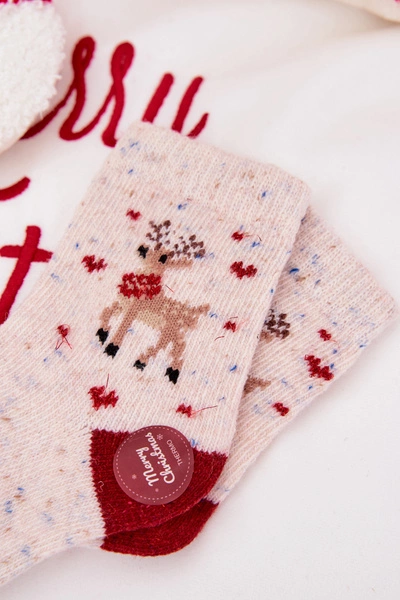 Dziecięce Świąteczne Skarpetki Z Reniferem Wełna Alpaka Beżowe