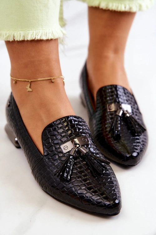 Lakierowane Mokasyny Wzór Krokodyl Z Frędzlami Czarne Pharell