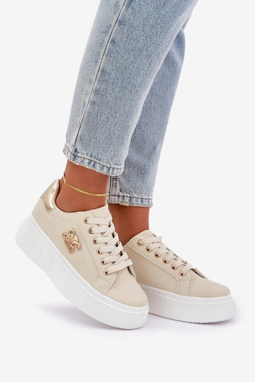 Sneakersy Damskie Na Platformie Beżowo-Złote Temittes