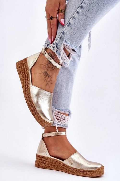 Damskie Skórzane Espadryle Sandały Złote Moise