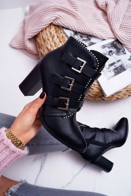 Botki Damskie Na Słupku Klamry Czarne Finbas