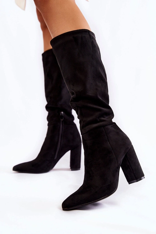 Zamszowe Wsuwane Kozaki Na Obcasie Czarne Miriam