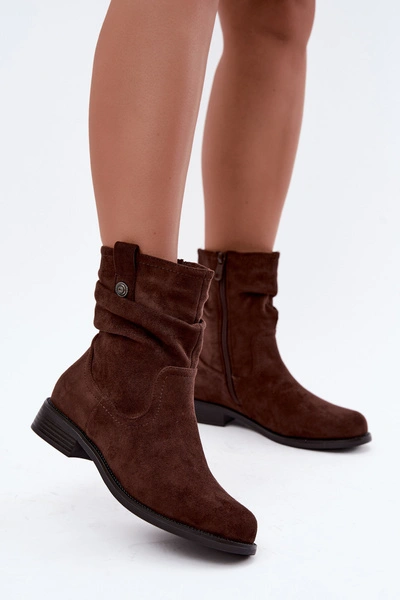 Ocieplane Botki Z Marszczeniem Na Płaskim Obcasie S.Barski HY62-8102 Czekoladowe