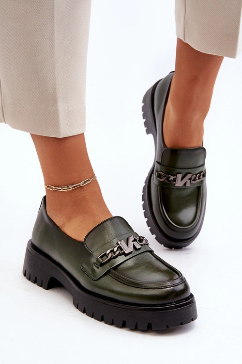 Skórzane Mokasyny Damskie Z Ozdobą Ciemnozielone Loraleima